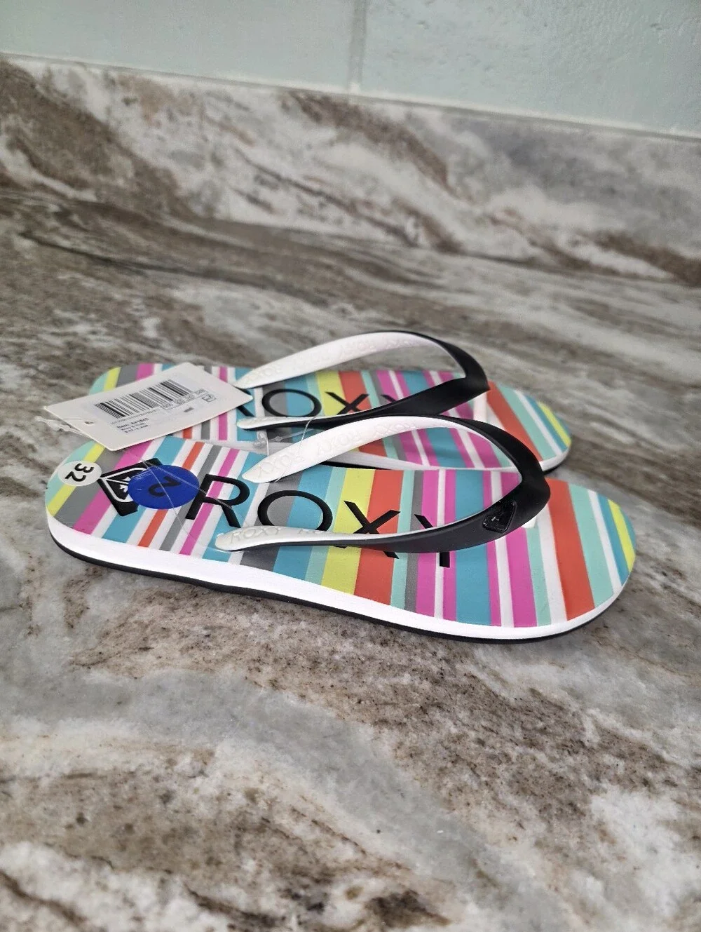 Roxy Girl Tahiti Multi-Color Striped Flip Flops with Black Straps Size 2